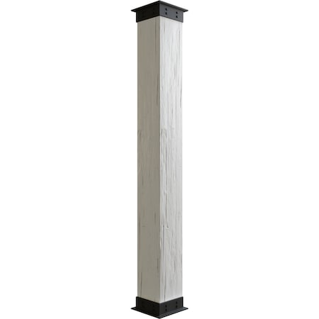 Hand Hewn Faux Wood Non-Tapered Square Column Wrap W/ Faux Iron Capital & Base, 16W X 5'H